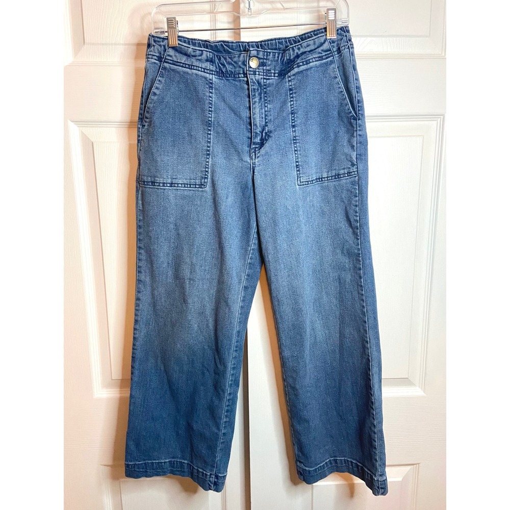 d.jeans Women Medium Wash Wide Leg Crop Denim Pants 8 Elastic Back Patch Pocket